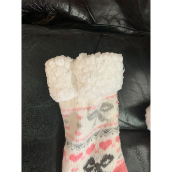 Thick Heavy Sherpa Lined Socks Womens OSFM Pink Gray Anti Slip Rubber Grip dots - Picture 3 of 4